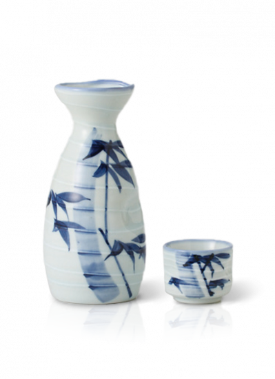 Sake Set White Blue Bamboo